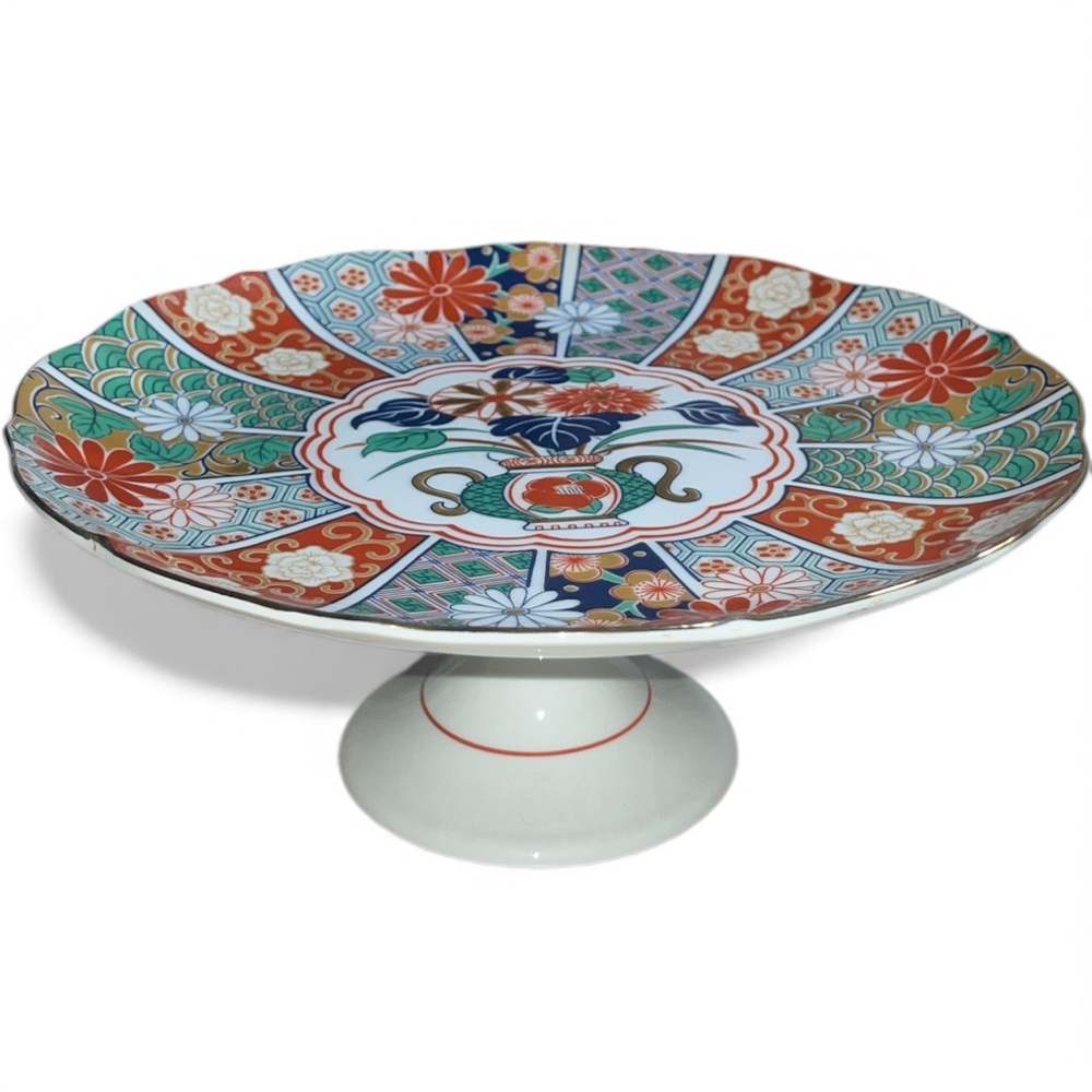 Vintage Japanese ARITA Imari Ware Floral Fan Fine Porcelain Pedestal Cake Stand